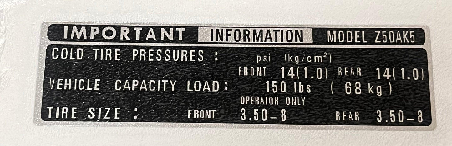 Tire Pressure Decal Honda Z50 1974