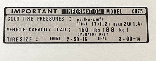 Tire Pressure Decal Honda XR75 1976